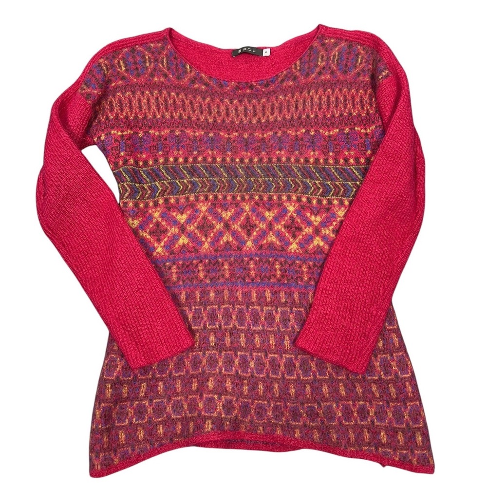 SOL Alpaca Sweater Women Size M Pink Fair Isle Geometric 100% Baby Alpaca Knit